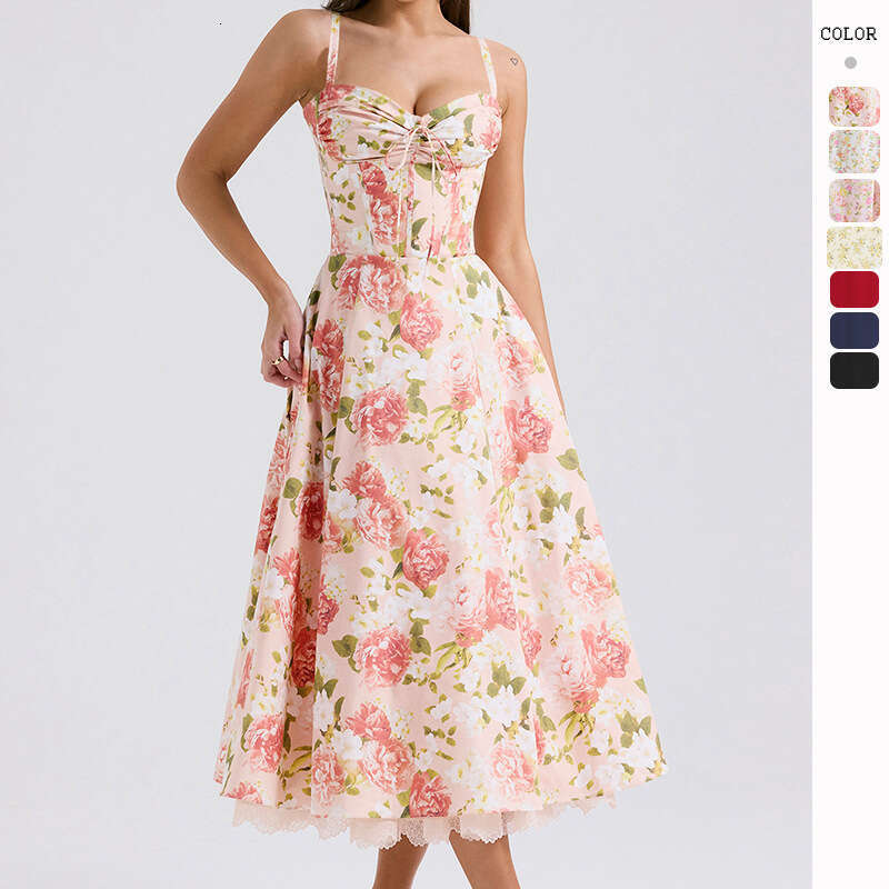 Elegant Series French Style Summer Gentle Slimming Floral Strap Long Dress B5