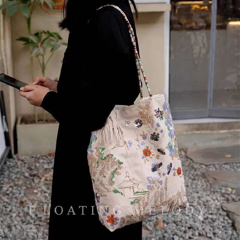 Flower Printed Women's Shoulder Bags 2025 Fashion Shopping Large Capacity Handbag Student Girls Bead Embroidered Tote
