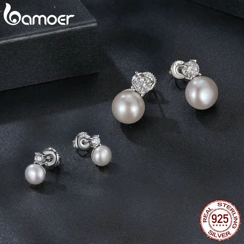 BAMOER Moissanite 925 Sterling Silver Freshwater Pearl Stud Earrings VVS1 Lab Created Diamond Wedding Earrings for Women Gift