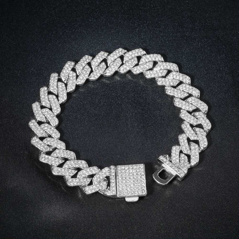 Hip Hop 15mm Cuban Link Chain Bracelet for Men Silver Color Iced Out Rhinestone Miami Bracelets Punk Women with Box Clasp Gift W250606