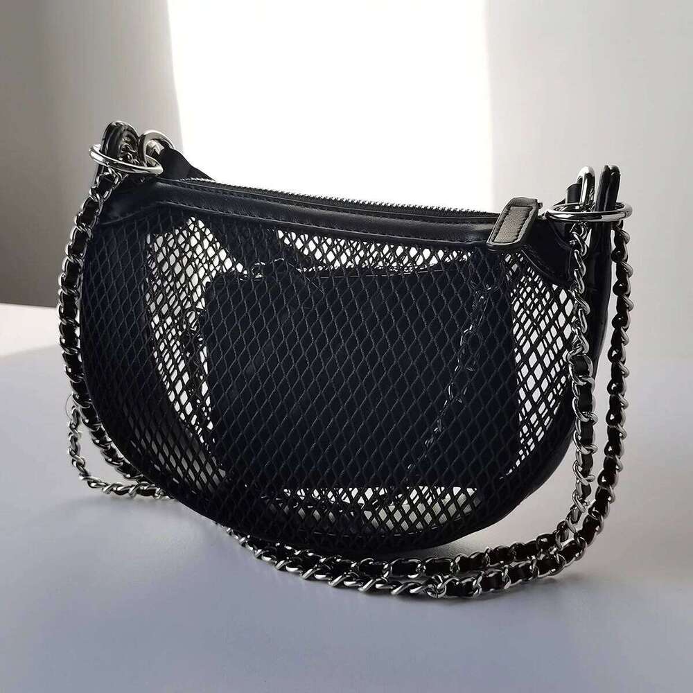 2025 New Product Fashionable And Versatile Grid Design Chain Concave Shape Handheld Trendy Hollow Saddle Bag