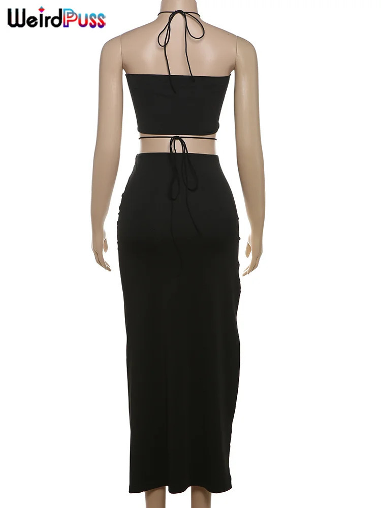 Weird Puss Sexy Summer 2 Piece Set Women Halter CamisoleHollow Metal Buckle Cross Bandage Split Skirts Matching Party Clubwear 250605