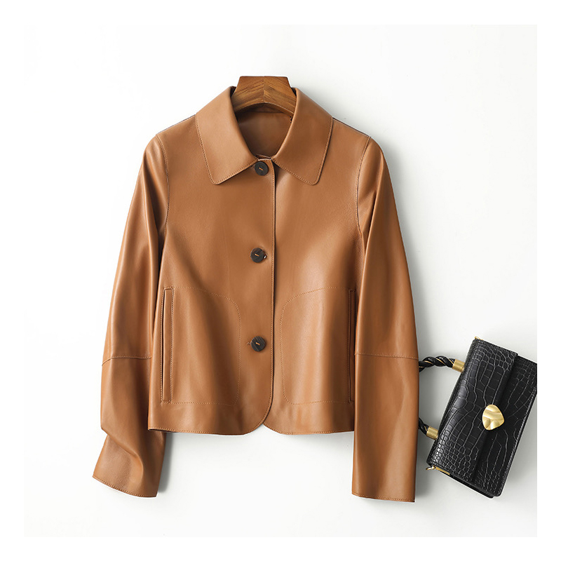 Loose black leather jacket, women's high-end retro casual motorcycle suit, leather jacket