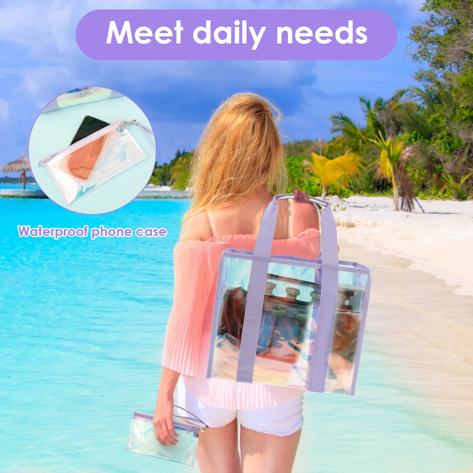 Waterproof Beach Tote Bag with Small Phone Pouch Large Capacity Female Travel Shopping Bags for Vacation Traveling Daily Use 250605