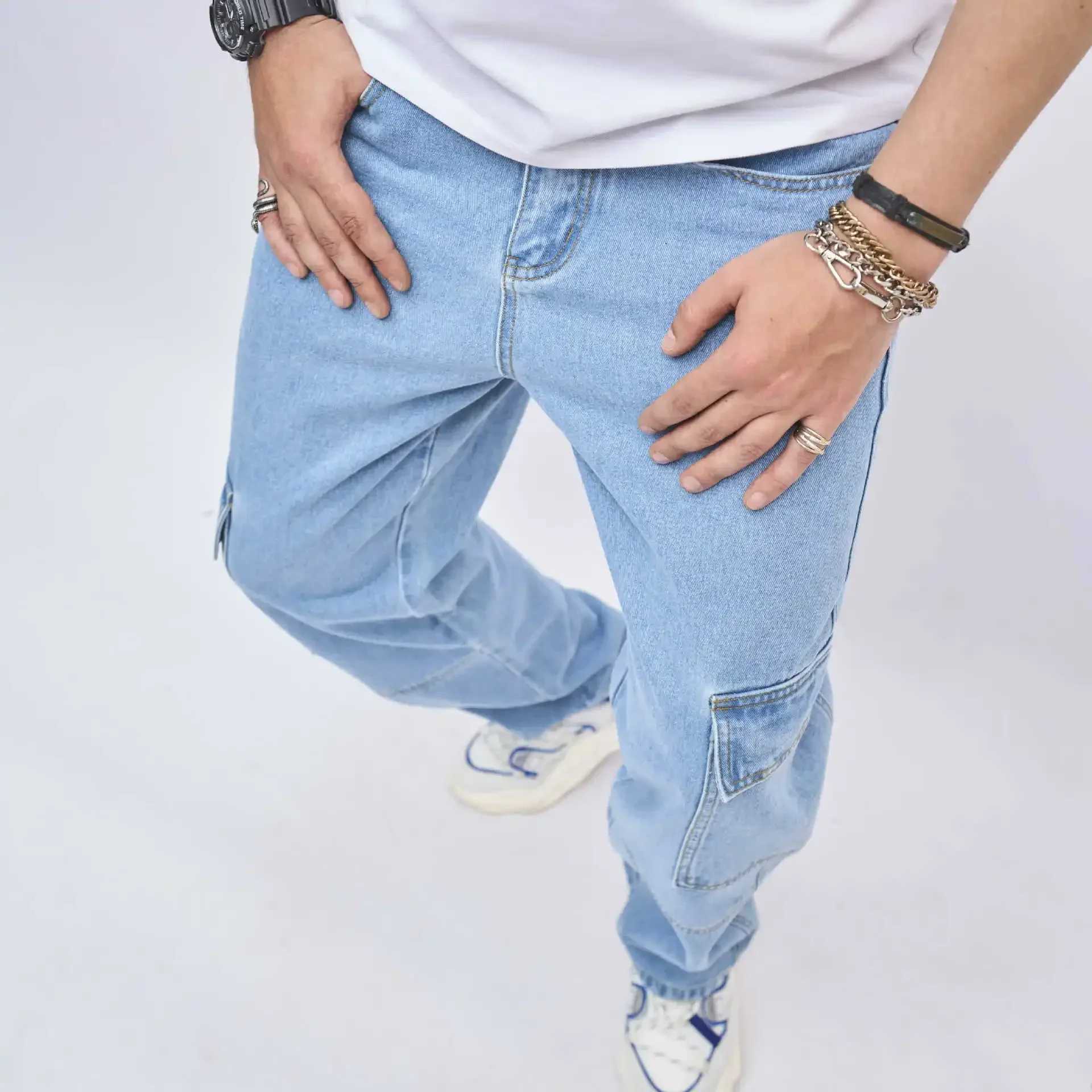 Denim Straight Ankle Length Pants Men Jean Washed Zipper Fly Jeans Loose Fit Solid Pockets High Strt Vintage Spliced 2025C250606