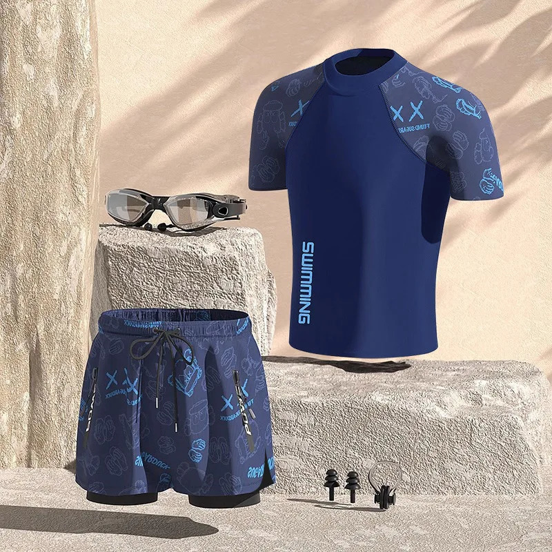 Men Professional Water Sports Competitive Swim ShirtsTrunks Glasses Cap Quick-Drying Beach Surfing Bathing Shorts Goggles Hat 250530