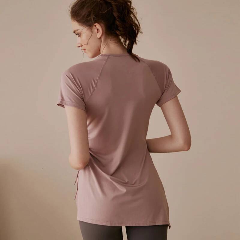 Women Yoga Shirts Short Sleeves Sport T-Shirts Breathable Running Shirt Fiess Side Drawstring Split Gym Top Cover Hips Blouse