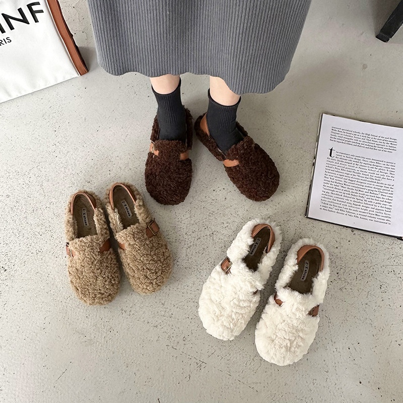 2025 free shipping autumn winter new designer shoes, women's hairy shoes, flat bottom with plush cotton single shoes brown