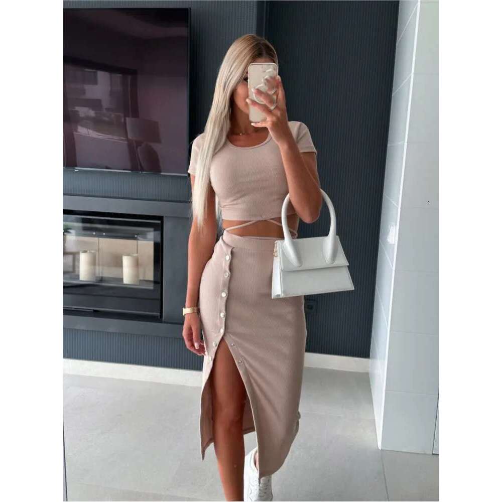 Summer Suit New Solid Color Short-sleeved Round Neck Top Button Exposed Navel Hip Mid-length Skirt Casual Two-piece Set Y2k