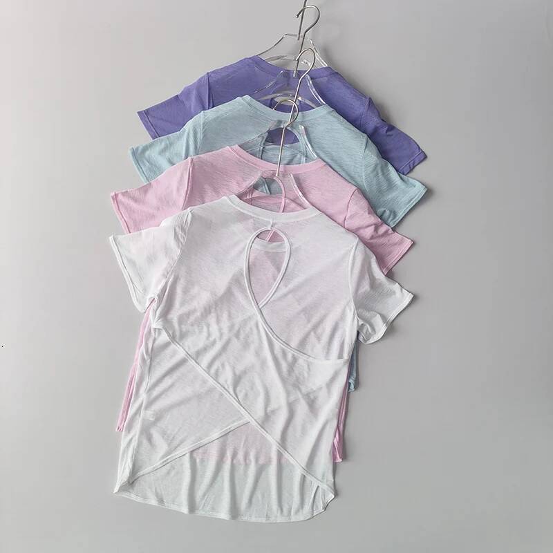 Yoga Clothes Women's Blouse Short-sleeved Hollow Cross Thin Mesh Beautiful Back Outside Shirts Slim Fiess Sports Top Clothing