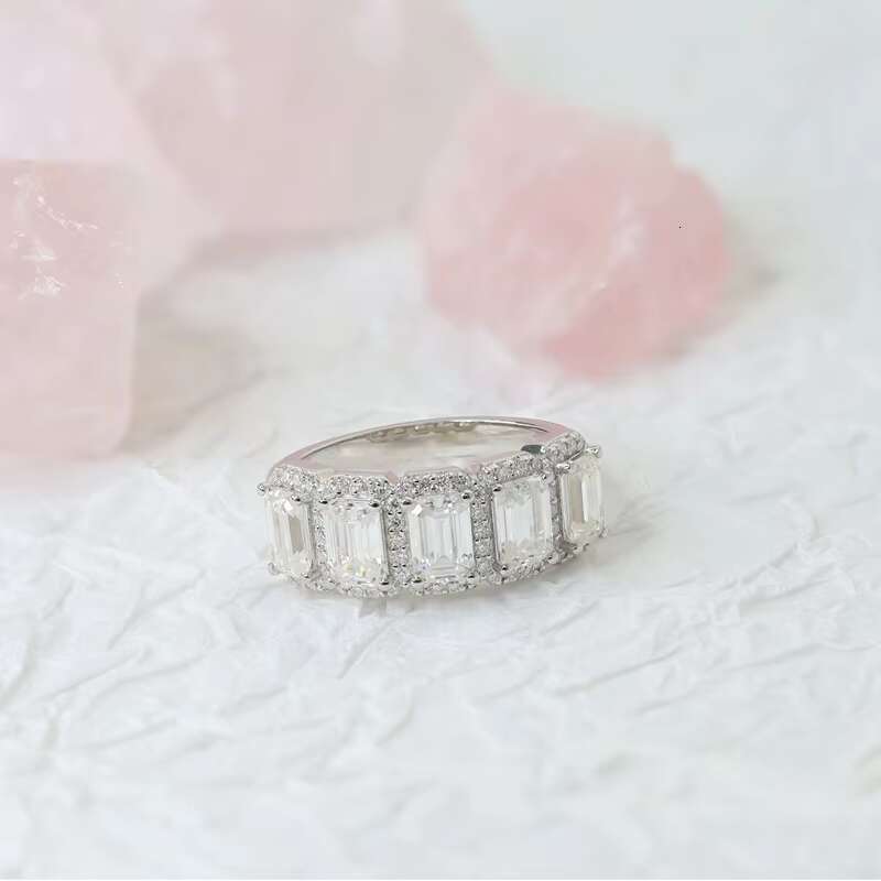 Paston Jewelry Half Eternity Ring Moissanite Rings 925 Sterling Silver 4*6mm Emerald Cut Moissanite Band for Women