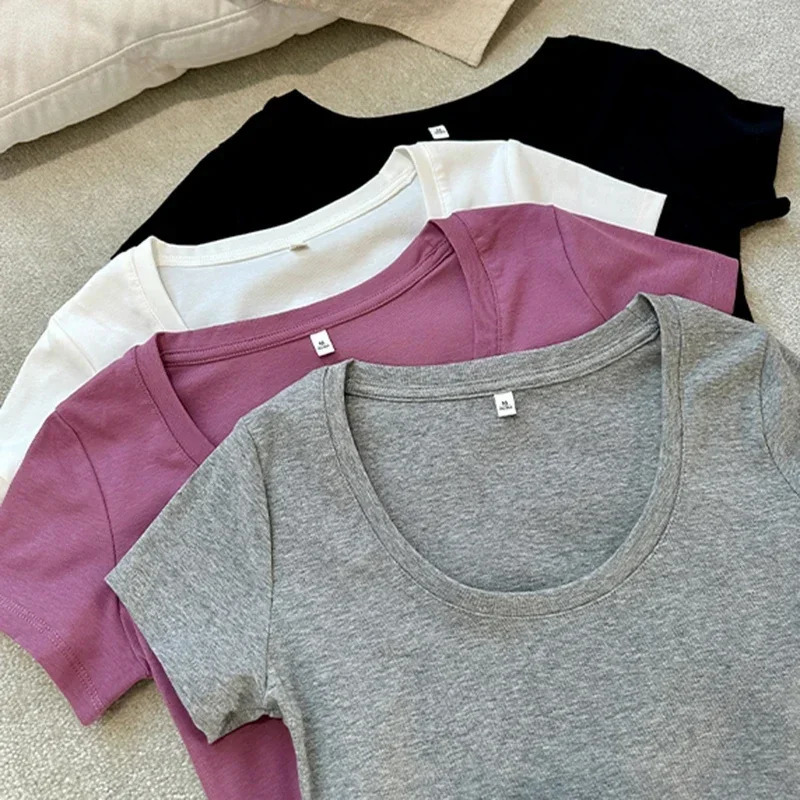 Femme 2025 Summer Casual Cotton T Shirt For Women Short Sleeve Tshirts Fashion Womens Clothing Slim Basic O Neck Y2K Tee Shirt 250605