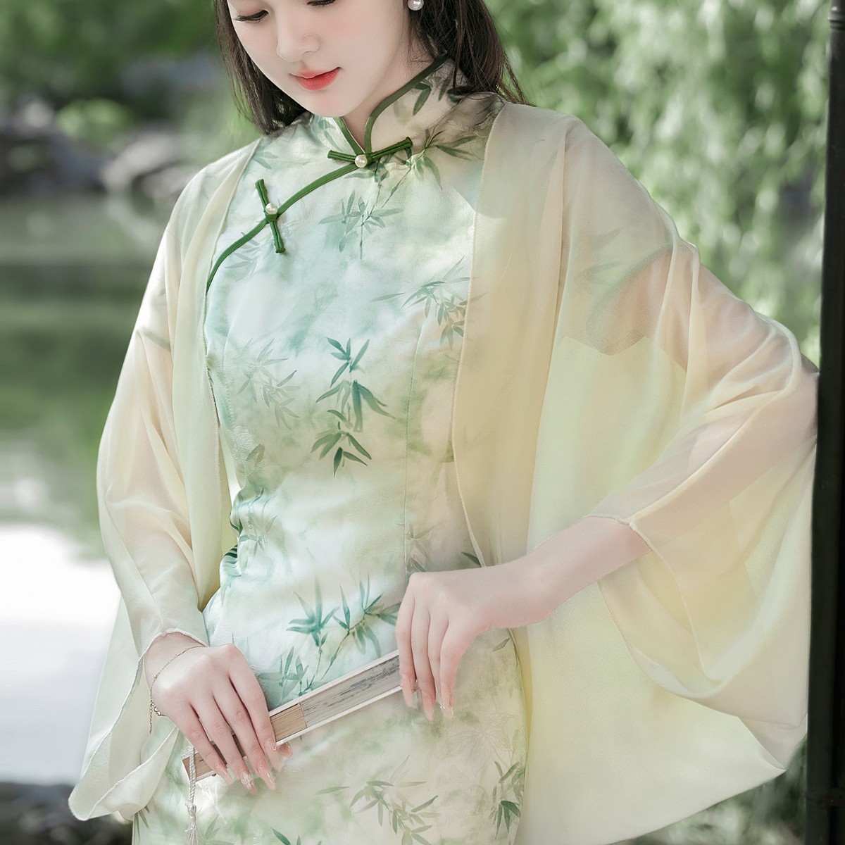 K935 New Chinese style white ice silk chiffon cardigan for women in summer cheongsam with tulle shawl vest blouse top