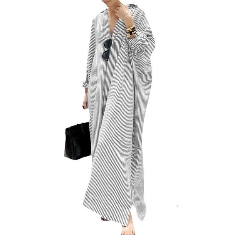 New Loose Striped Print Fashion Women's Plus Size Long Dress Cardigan B5