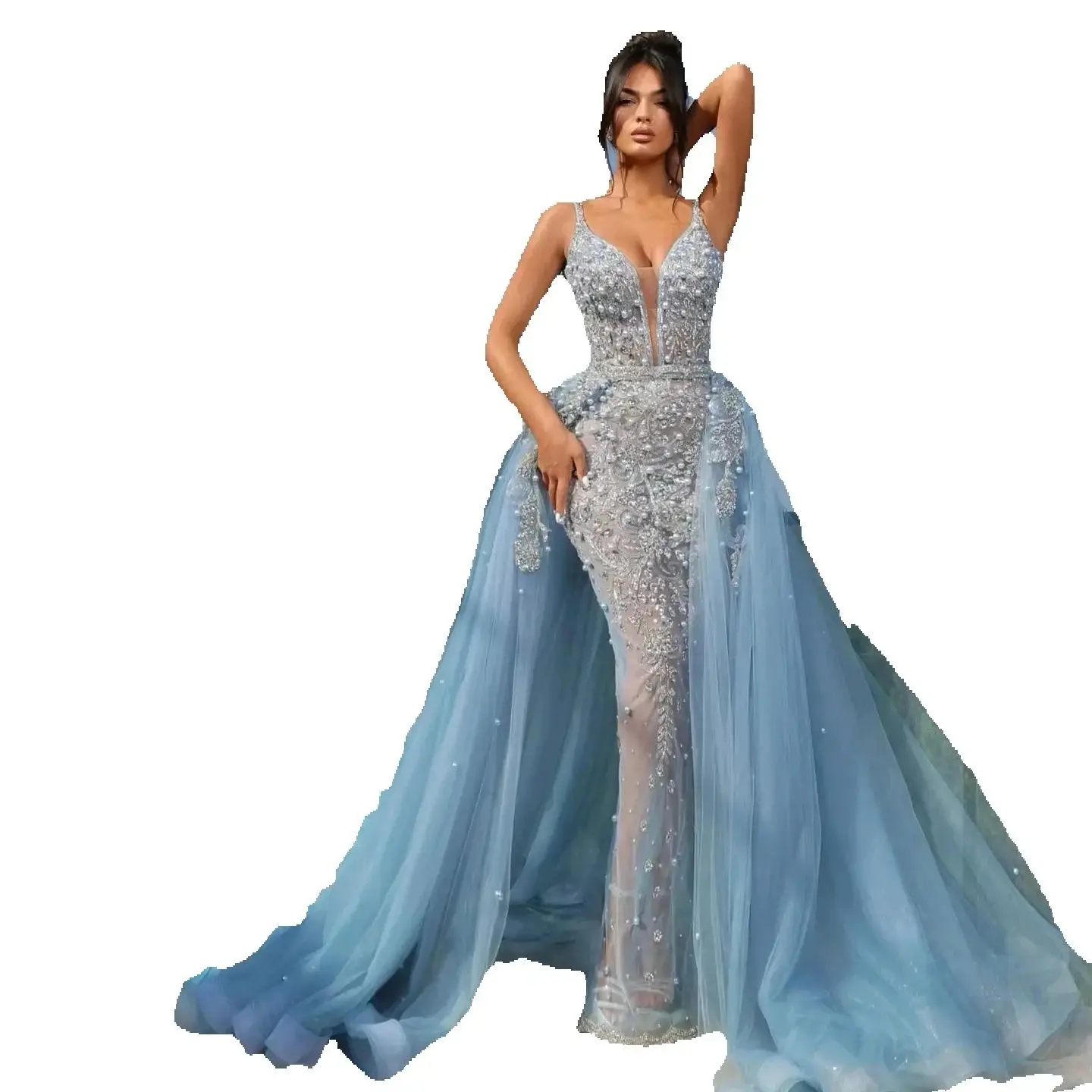 Elegant Deep V Neck Mermaid Evening Dresses Fashion Sequined Beaded Pearls Prom Dress Detachable Train Party Gown Customized