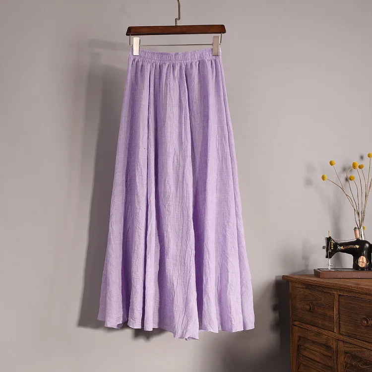 Womens Elegant 16 Color High Waist Elastic Waist Linen Pleated Long Skirts Ladies Slim Casual Skirt Saias Summer SK05 250605