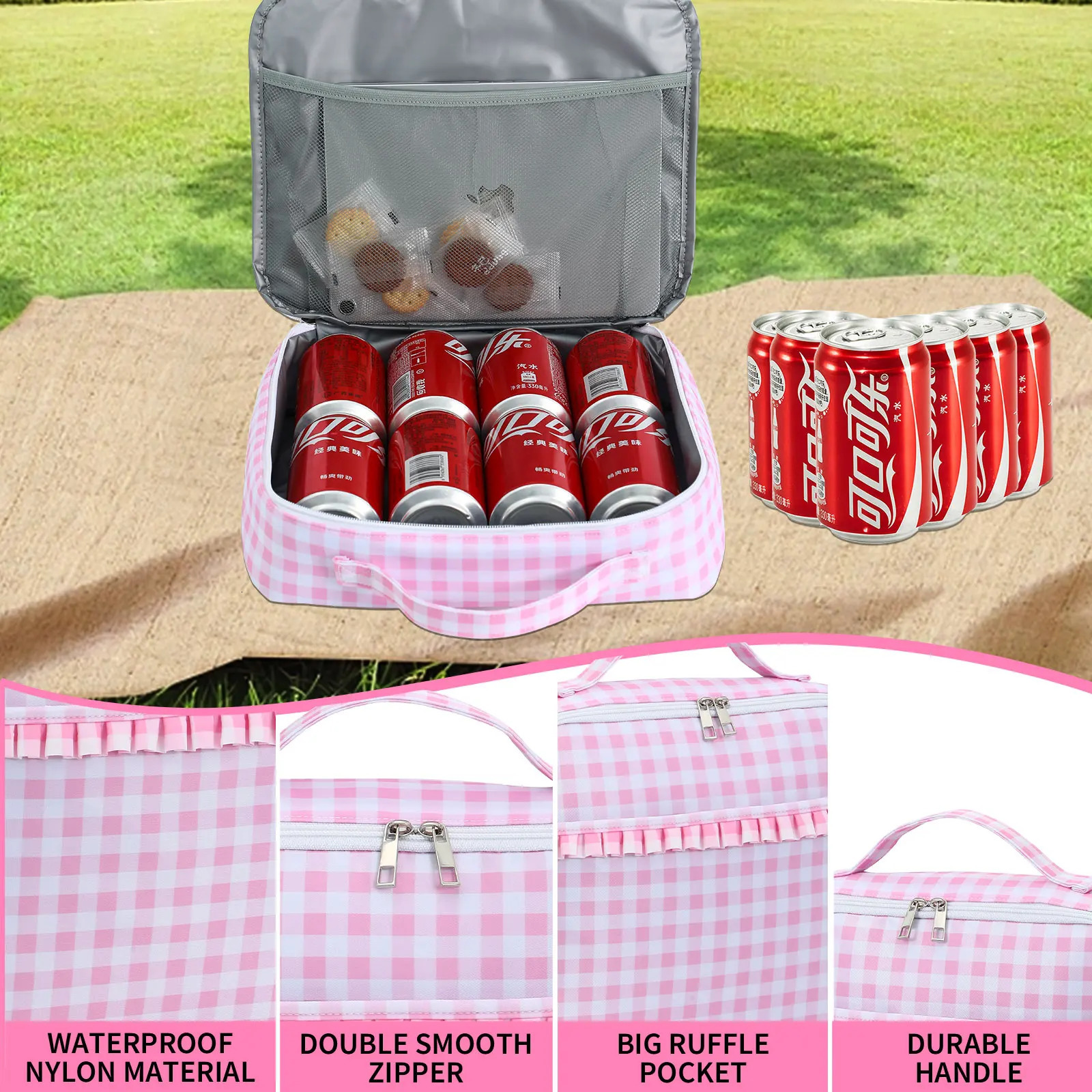Lunch Bag Ruffle Plaid Insulated Cooler Box Kid Child School Thermal Food Tote Women Waterproof Leakproof Portable Reusable 250530