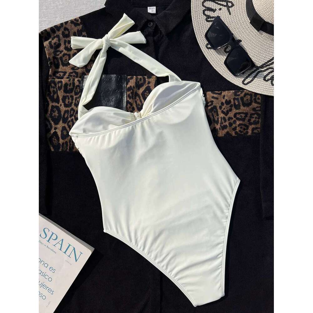 Vintage White Swimwear Women 2025 Hatler Metal Starfish Cut Out Pleate Backless One Piece Swimsuit Beach Bathing Suit Monokini