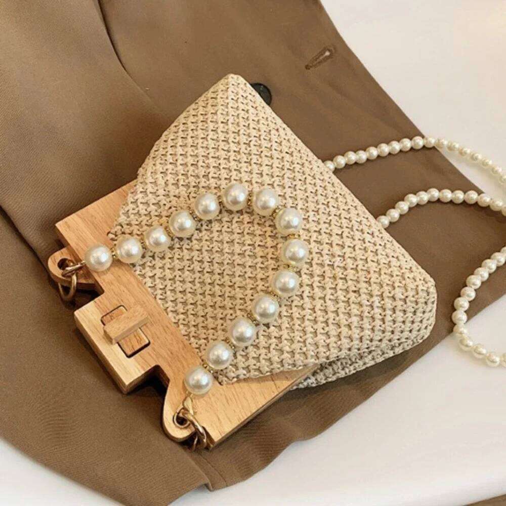 Summer Wooden Rattan Shoulder Brand Crossbody Nice Pearl Chain Straw Bag Hand-Woven Handbags Women 2025