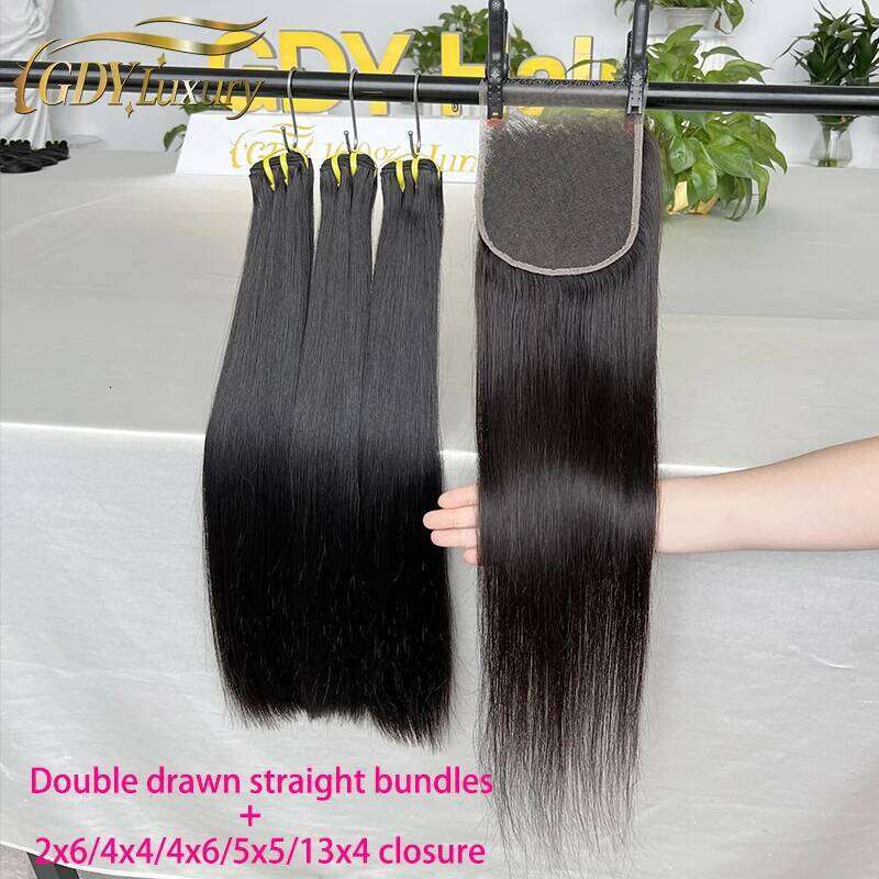 Raw Unprocessed Straight Bone Super Double Drawn Bundles With Closure 2x6 4x4 4x6 5x5 13x4 HD Lace Vieamese 100% Human Hair