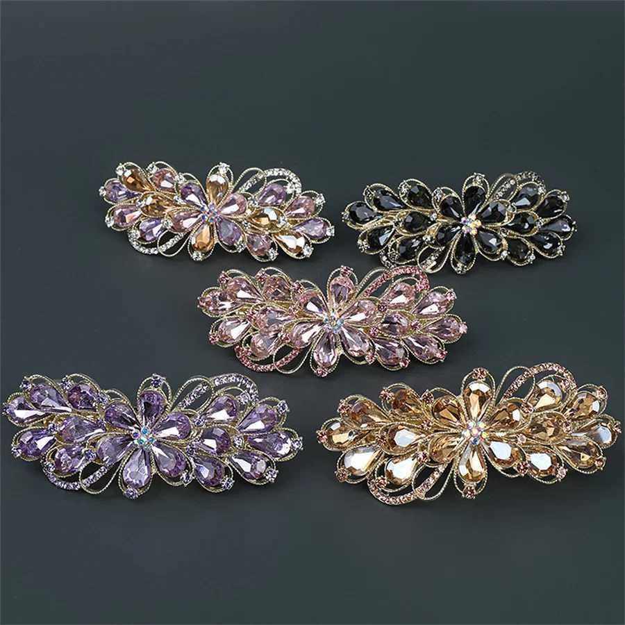 Korean Retro Crystal Flower Spring Hair Clip Vintage Rhinestone Horizontal Clip Top Clip Elegant Mom Fashion Hair Accessories Z250605
