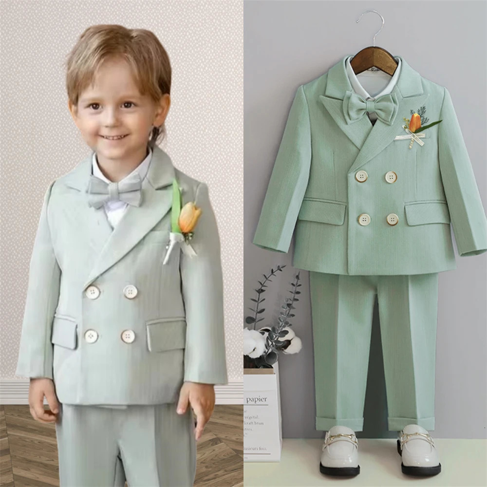 Macaroon Colorful Toddler Suit Set Double Breasted Kids Suits Blazer Pants Bow-tie Brooch Boys Formal Tuxedo Dresswear 250530