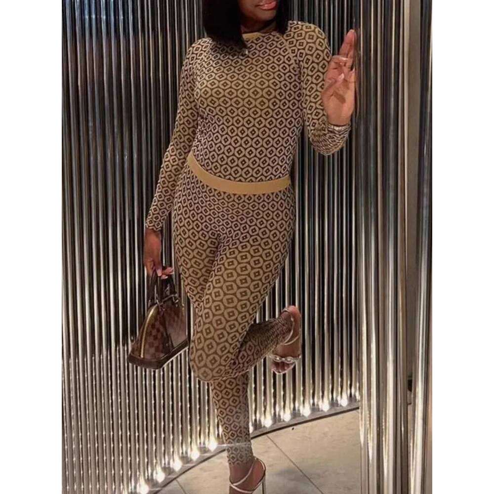 Women's Fashion Sets Slim Print Pants Y2K O-neck Long Sleeve Top Stretch Hip Package Pencil Trousers 2025 Spring Sexy Lady Suits