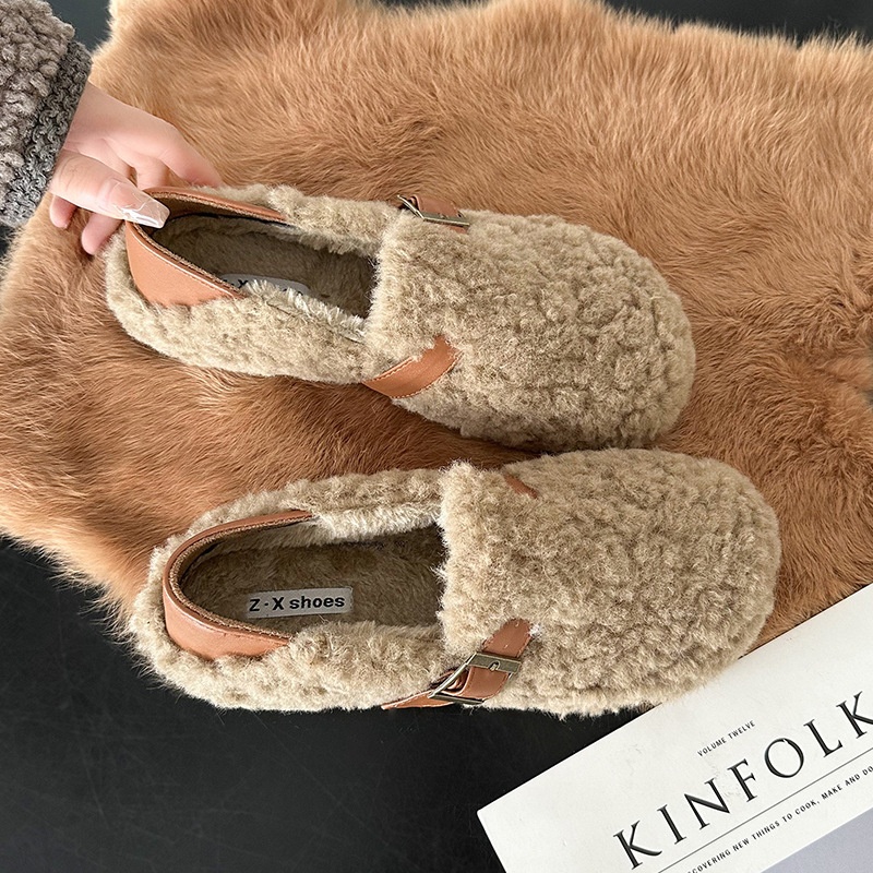 2025 free shipping autumn winter new designer shoes, women's hairy shoes, flat bottom with plush cotton single shoes brown
