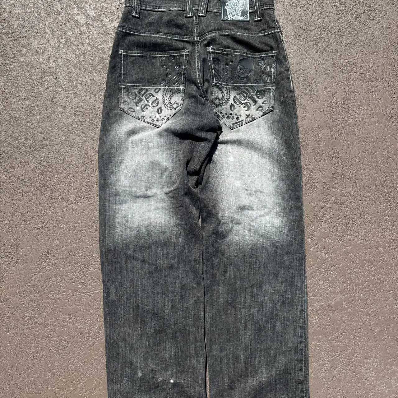 New High Street Trendy Pocket Skull Pattern Loose Jeans Mens European American Gothic Casual Wide Leg Straight Pants Y2K Jeans Z250605