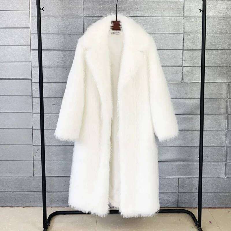 White Long Faux Fur Women Autumn Winter Large Jacket Overcoat Turn Down Collar Pockets Thick Coat Warm Jackets Maxi Coats luanyun