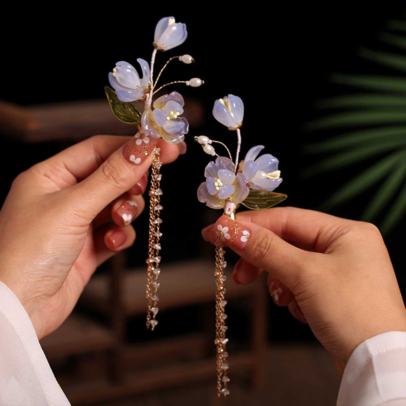 2pcs Pearl Tassel Hair Clip Purple Flower Hairpin Chinese Hanfu Hair Accessories Fairy Step Shaking Vintage Wedding Hair Jewelry Z250605