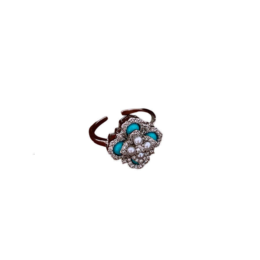 Luxury jewelry designer bracelet 4-leaf clover Zircon Turquoise Flower Pearl Open Palace Style Elegant Index Finger Ring Light High-end Sense Jewelry