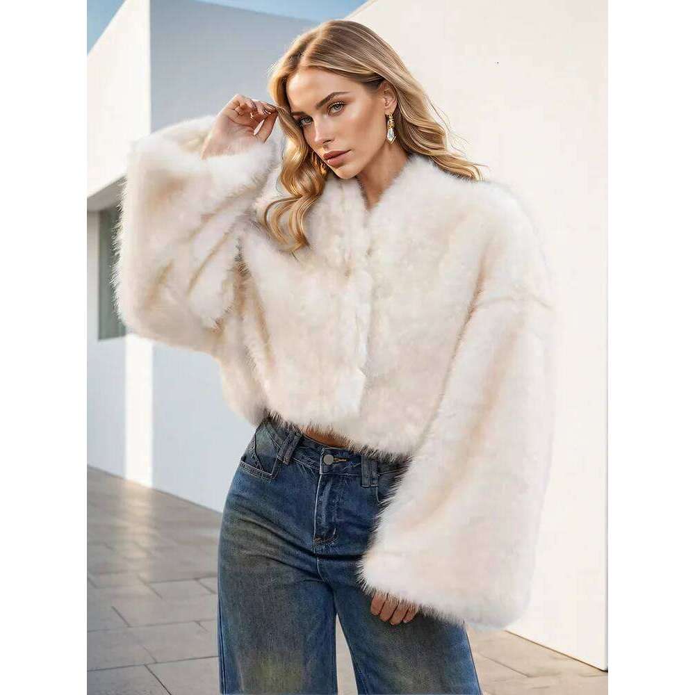 DEAT Fashion Women's Faux Coat V-neck Long Sleeve Loose Thick Imitation Mink Fur Grass Short Jacket Winter 2024 New 7AB5096