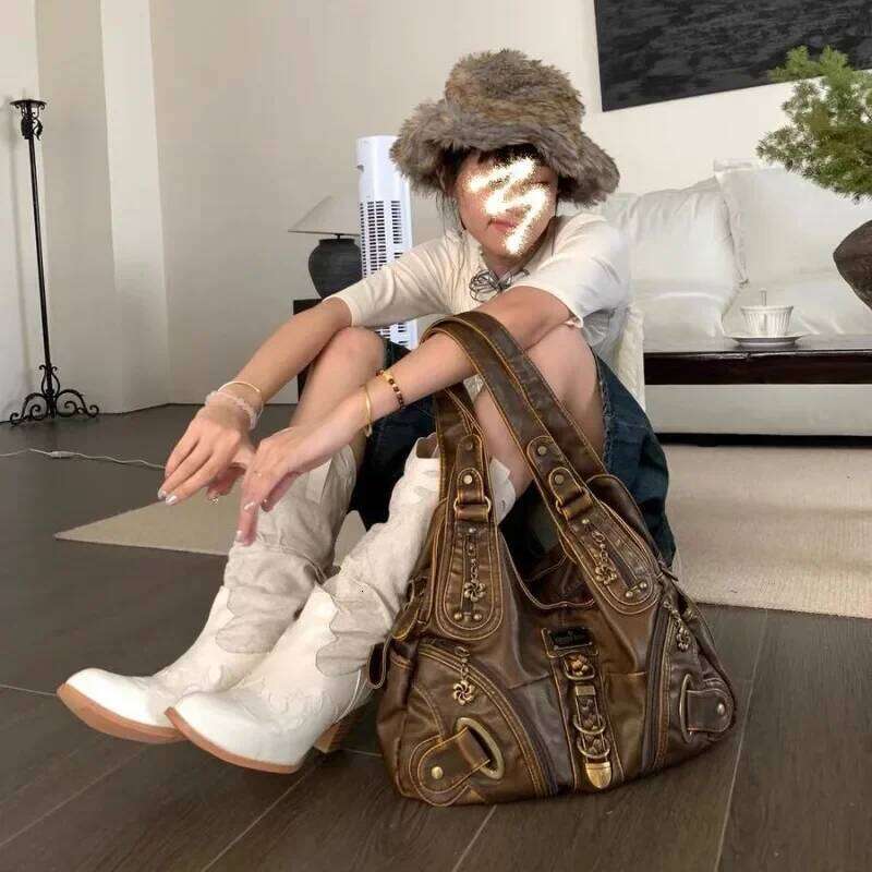 Xiuya Y2k Vintage Womens Shoulder Large Capacity Casual Pu Leather Tote American Retro Designer Ladies Armpit Bag