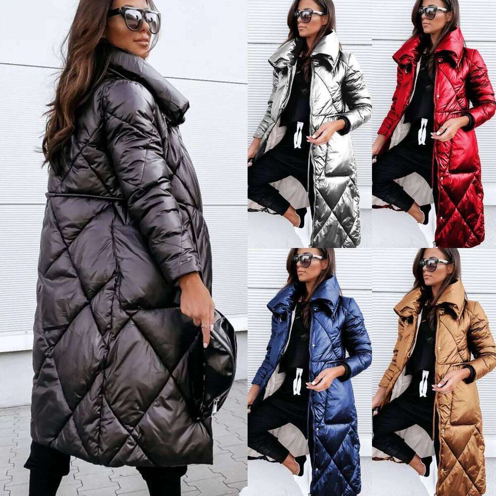 Glossy Women Sleeve Lapel Long Winter Keep Warm Parkas Outwear Zipper Cotton-Padded Coat Jackets