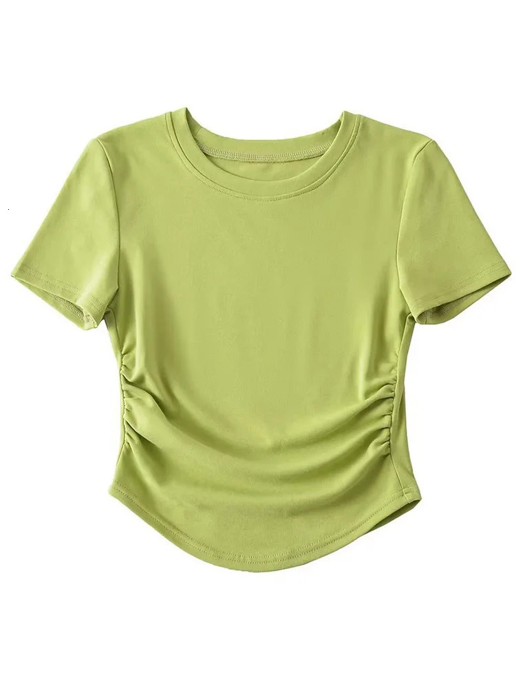 Harajuku Women Crew Neck Short Sleeve Cotton Tee With Ruched Sides Detail T-shirts 250530