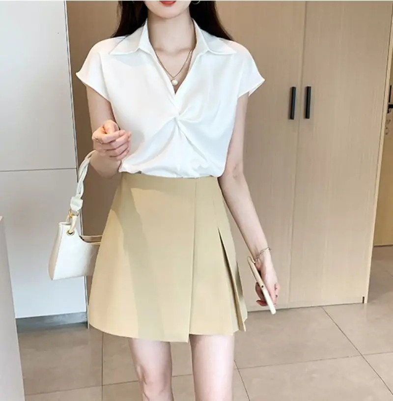 Womens Satin Blouse 2025 Summer V-neck Short-sleeved Solid Color Blouse Fashion Niche top Elegant Ladies Short Shirt 250605