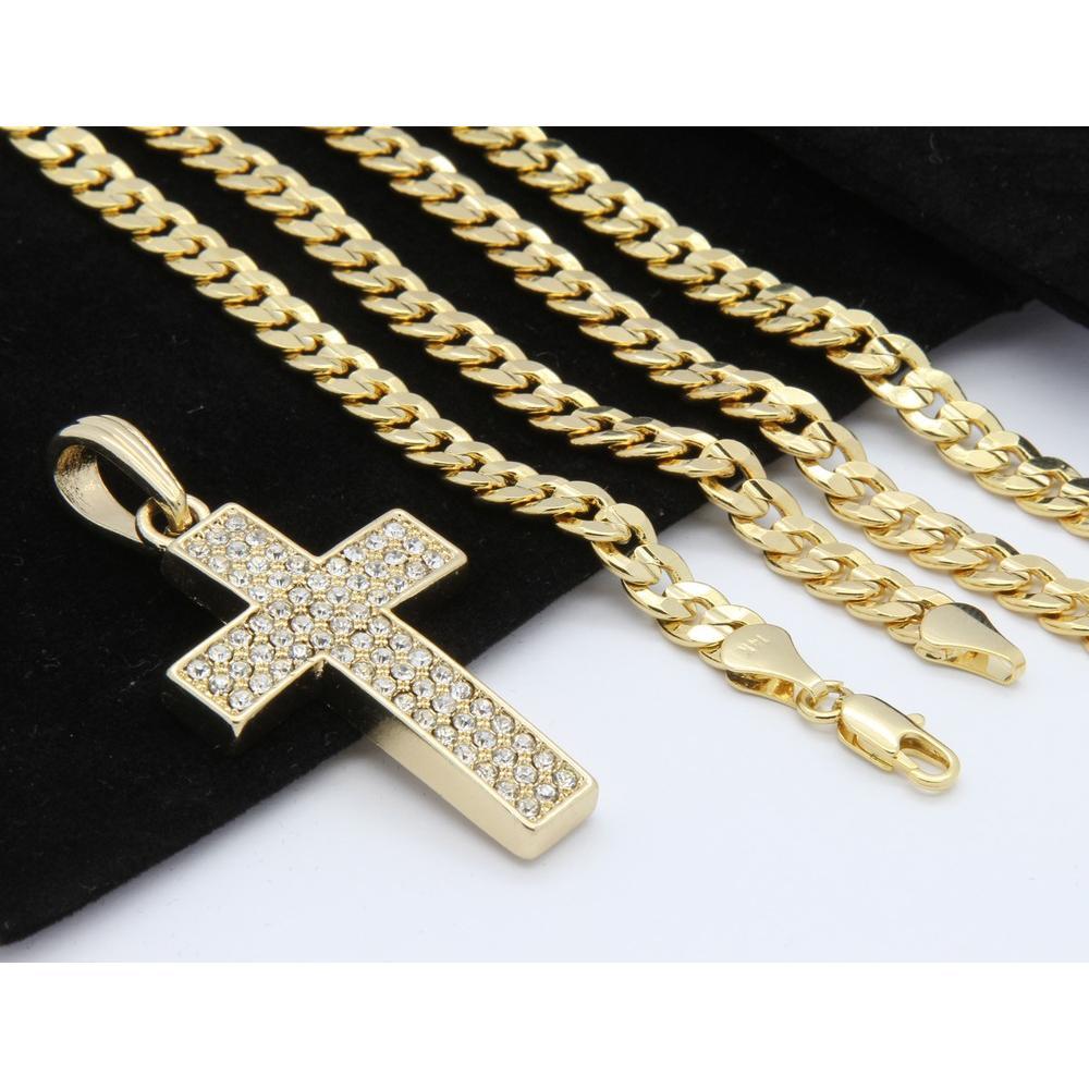 Mens 14k Gold Plated Thick Cubic-Zirconia Cross Pendant 24" Cuban Chain