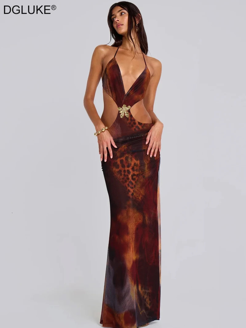 DGLUKE Tie Dye Print Cut Out Maxi Dres Plunging Backless Mesh Long Dress Sexy Summer Beach Party Dresses 250526