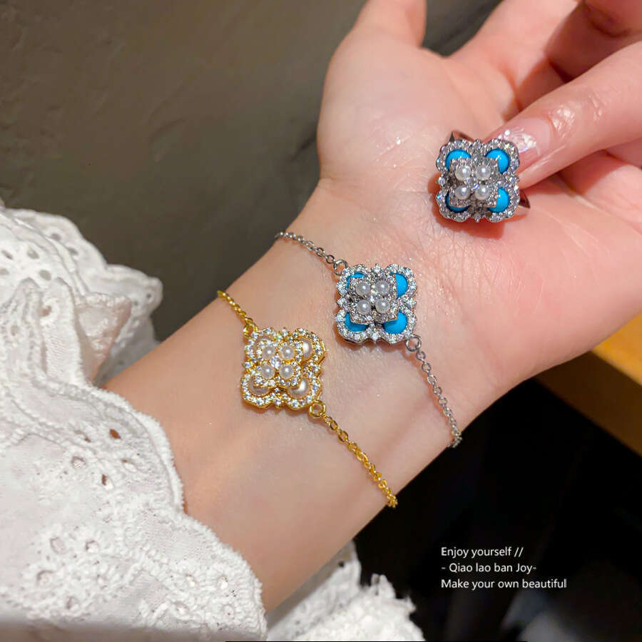Luxury jewelry designer bracelet 4-leaf clover Zircon Turquoise Flower Pearl Open Palace Style Elegant Index Finger Ring Light High-end Sense Jewelry