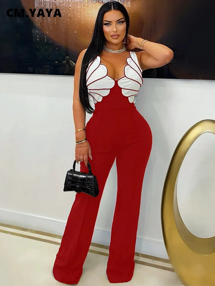 CM.YAYA Women V-Neck Backless Wide Leg Straight Sleeveless Jumpsuits 2025 Spring Patchwork Sexy One Piece Set Streetwear Outfits 250605