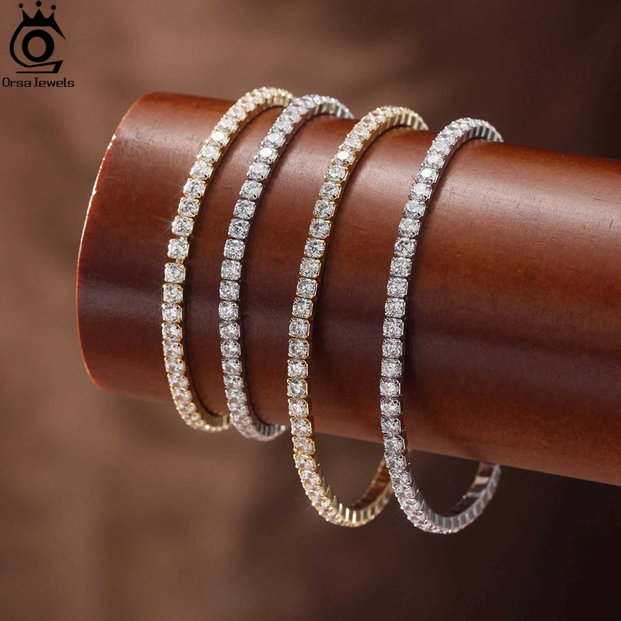 ORSA JEWELS 3mm Sparkling 5A Cubic Zirconia Tennis Chain Bracelet 925 Sterling Silver 14K Gold Plated Elastic Rope Gift SB217 W250606