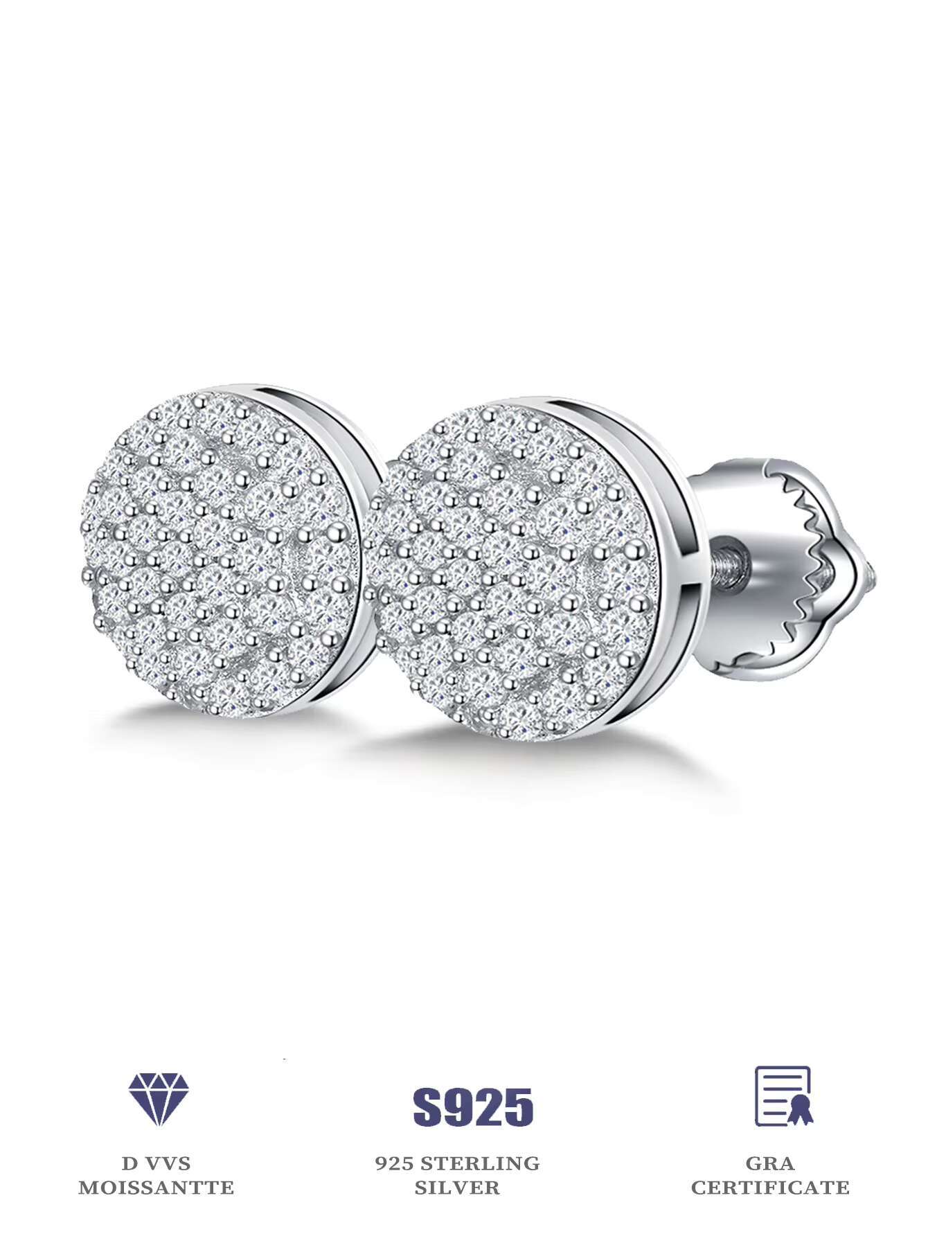 925 Sterling Silver Moissanite Diamond Stud Earrings Classic Style Screw Back with Iced Rhodium Plating Fine Jewelry