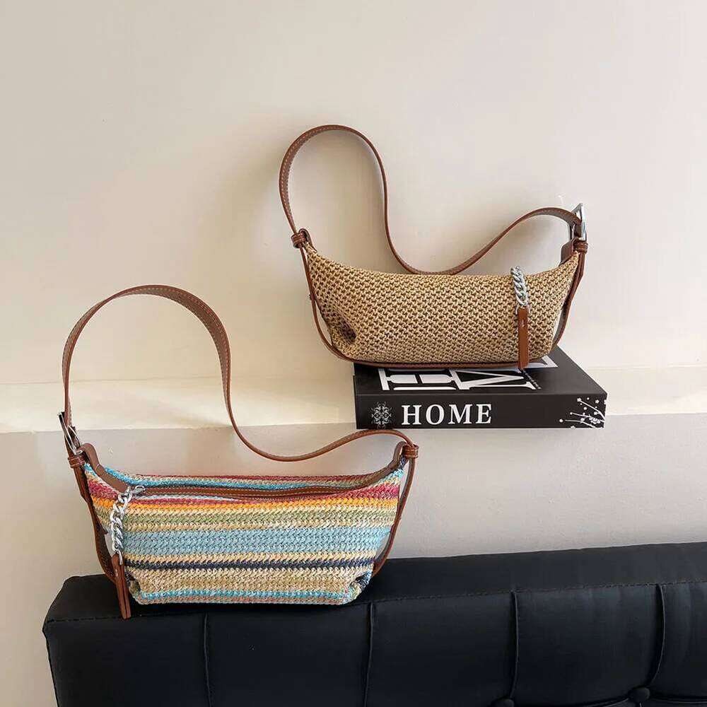 Women Simple Straw Beach Adjustable Strap Crochet Hobo Contrast Color Weaving Satchel Ladies Summer Daily Bag