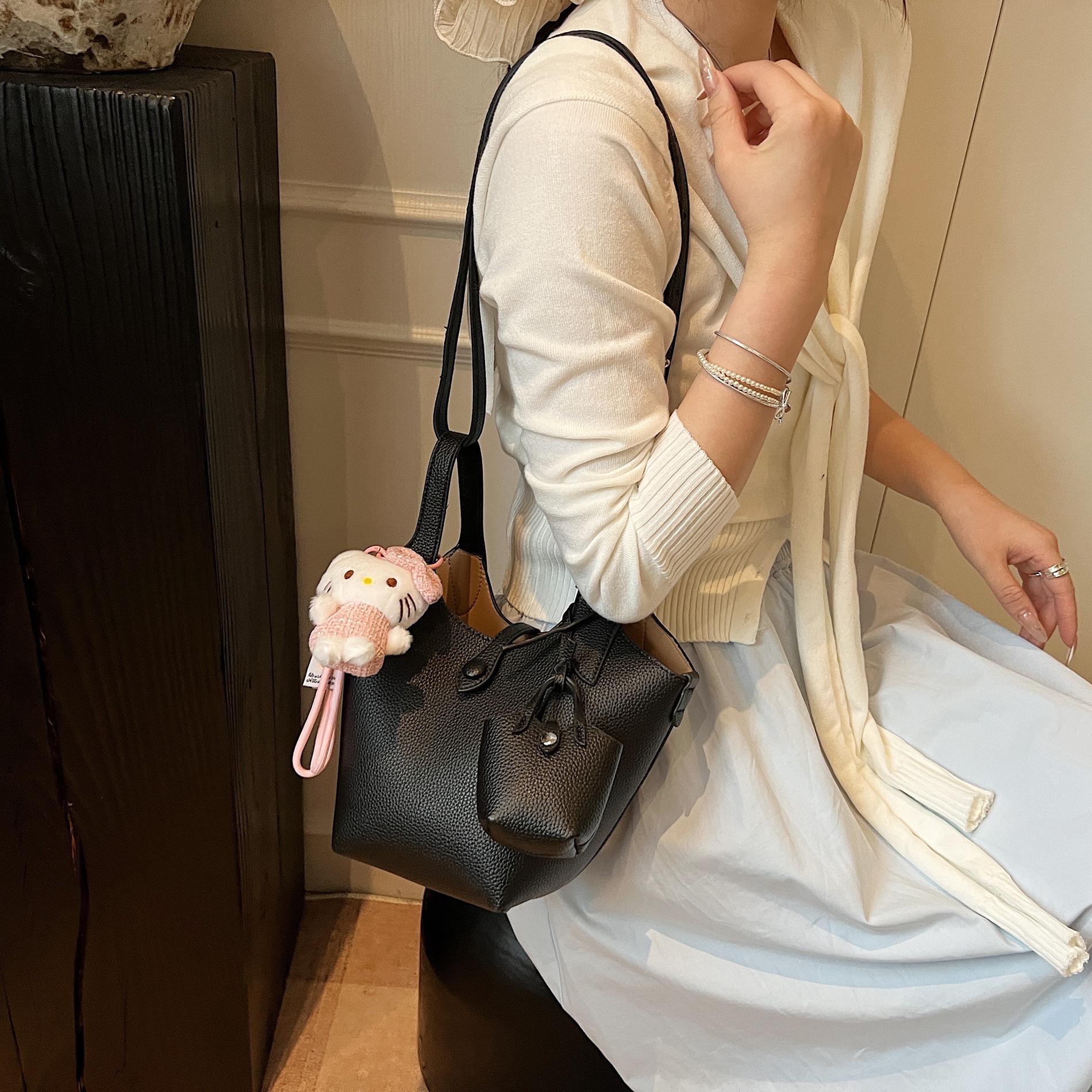 designer Minimalist Stylish Korean Style Lychee Pattern Basket Bag Spring Summer New Versatile Commuter Style Solid Color Crossbody Mother-Daughter Ba