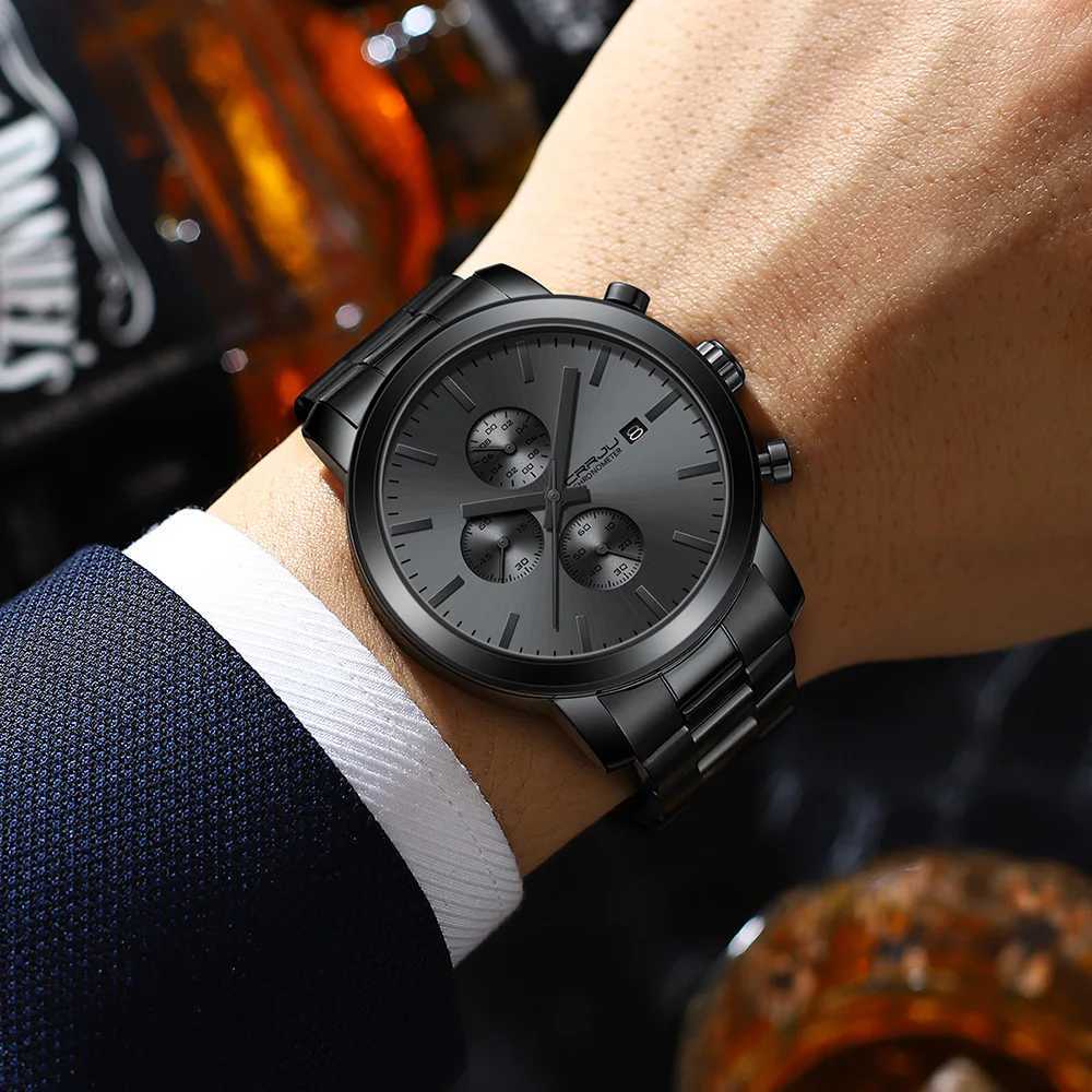 CRRJU Men Watch Luxury Business Stainless Steel WristWatch Military waterproof Date Quartz watch for men Y250605
