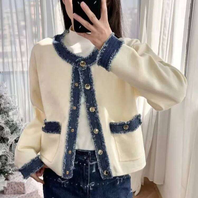 Cardigan 2025 new fashionable and elegant design sense denim splicing round neck long-sleeved knit sweater top woman