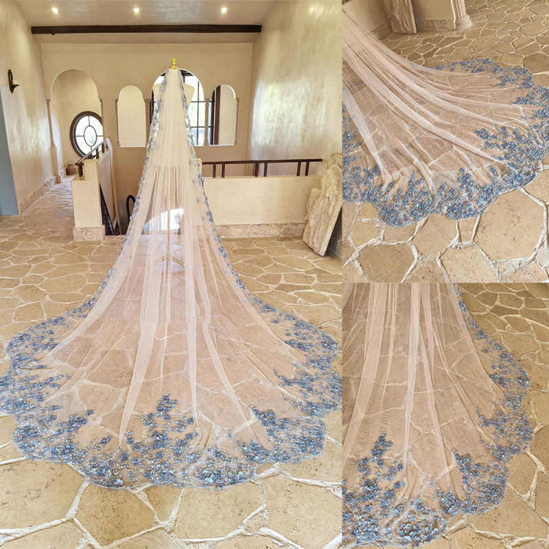 Sweetly Wedding Veil Blue Flowers One Layer Cathedral Length Veils Applique Edge For Bridal Accessory Customized High Quality