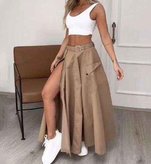 Women's Elegant Sleeveless Vest And Solid Color Slit Belted Skirt Two-Piece Set B5