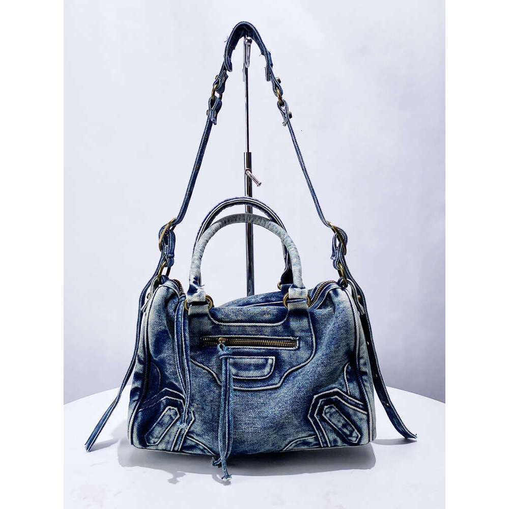 Washed Denim Motorcycle Tote New Rivet Decor Niche Handbag Shoulder Crossbody Bag